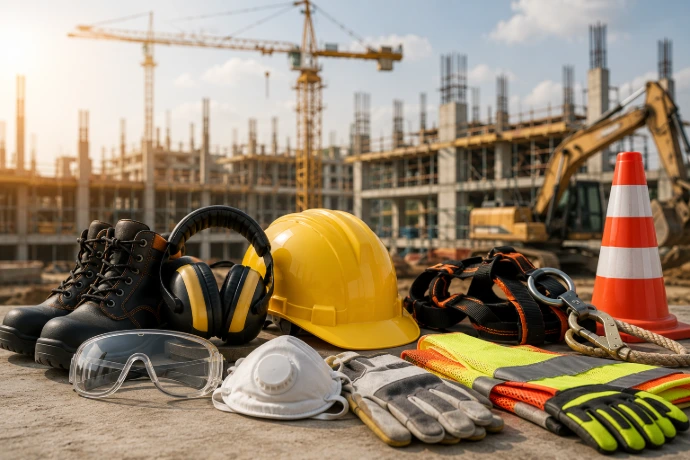Construction site with industrial safety equipment and PPE
