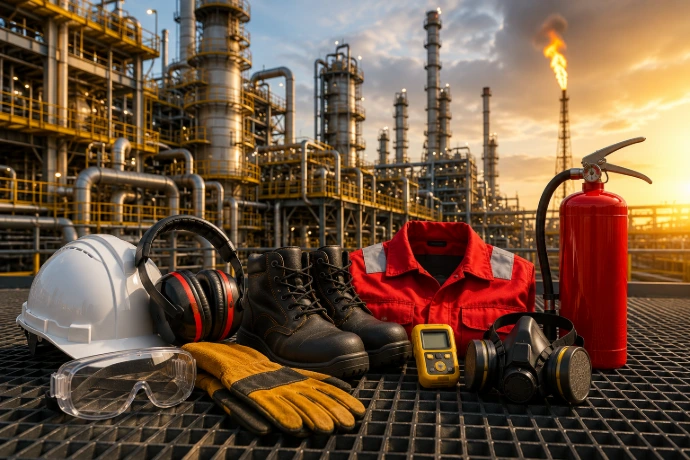 Oil and gas industry site with industrial safety equipment and PPE