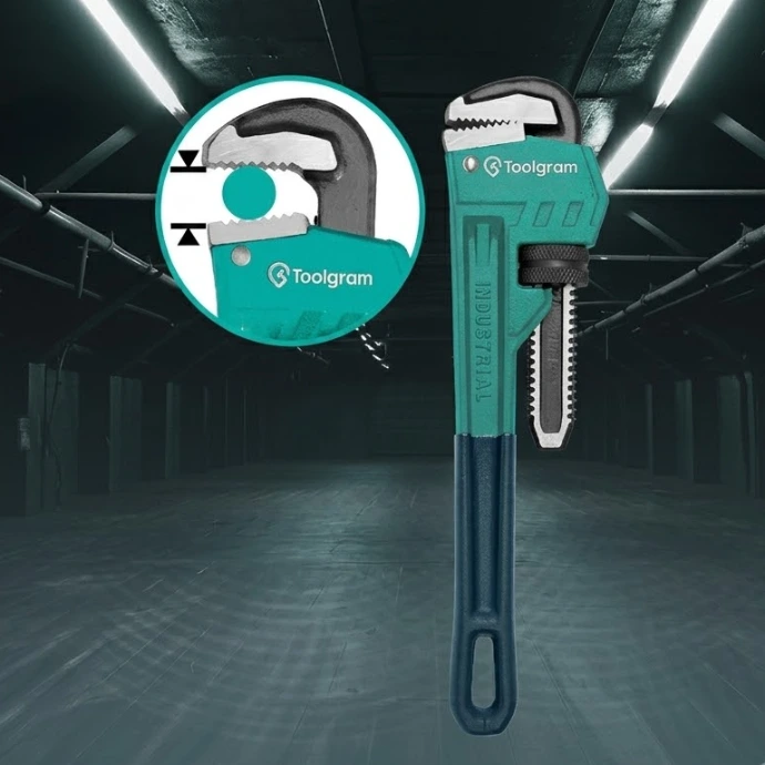 Heavy duty pipe wrench designed for firm gripping and turning of pipes