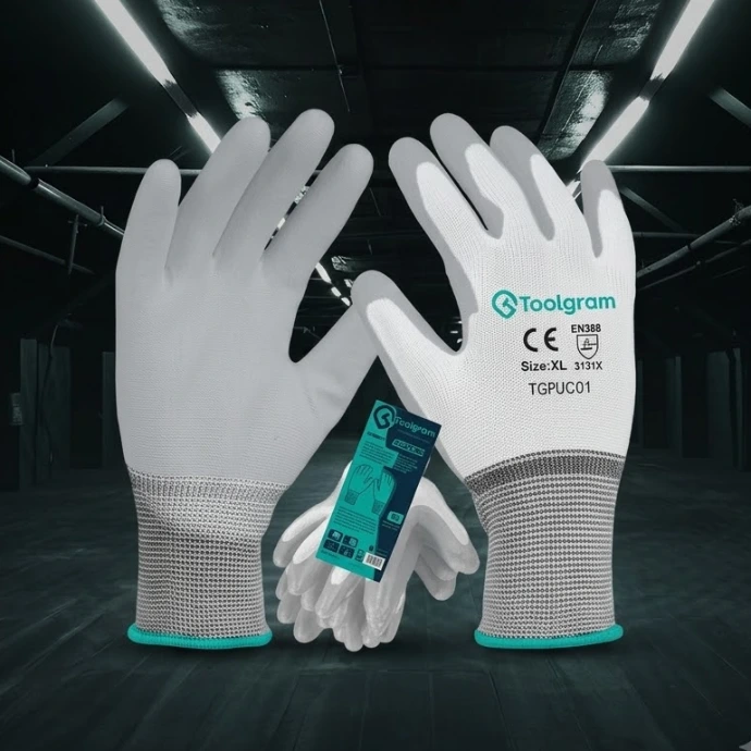 PU coated work gloves providing grip and hand protection